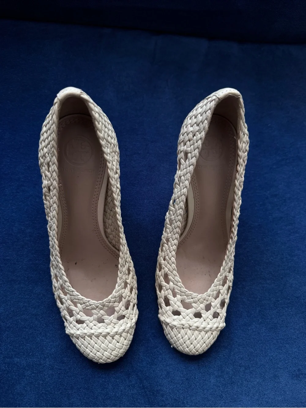Tory Burch Grove Woven Pump Chunky Heels Dulce‎ de Leche Size 5 1/2 M